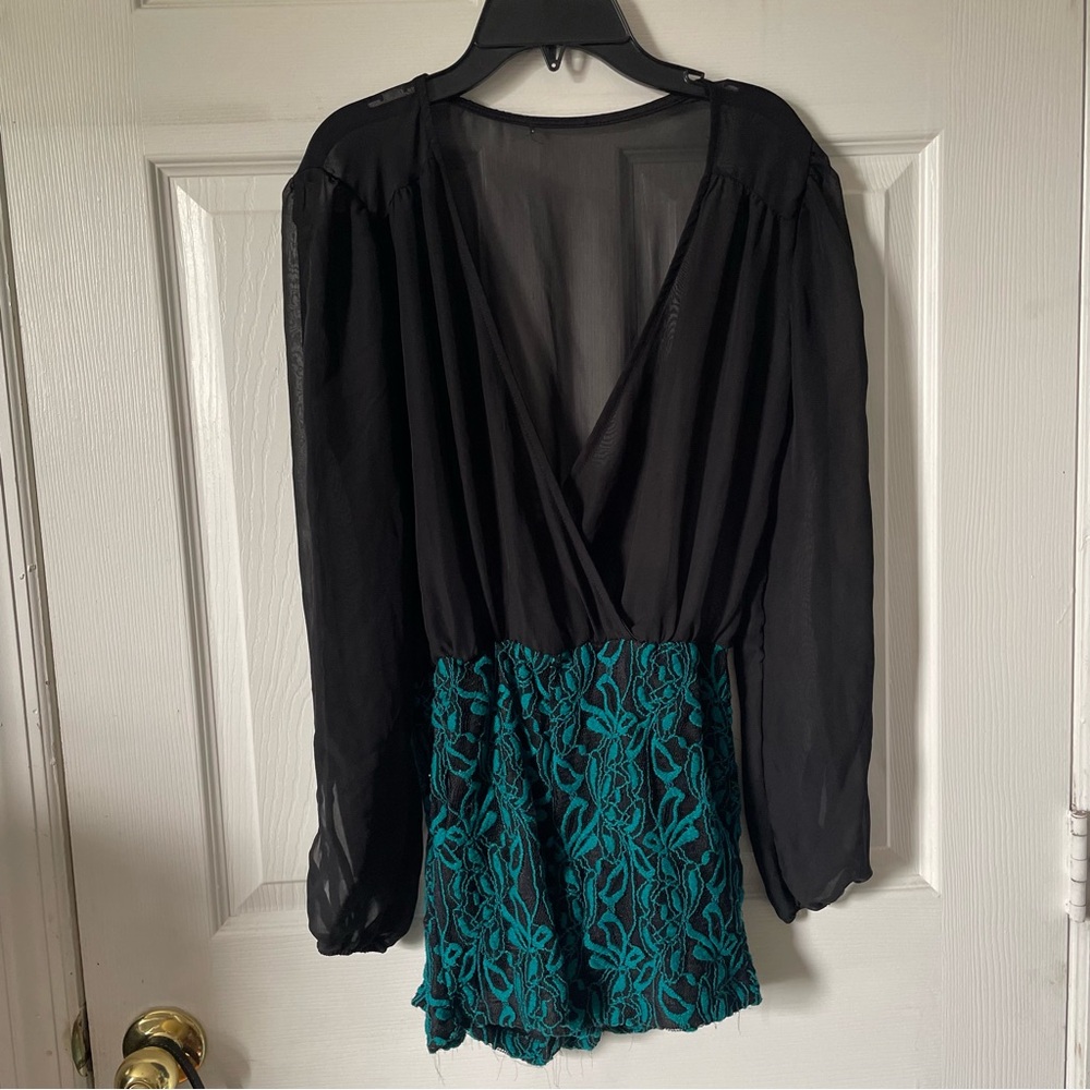 Black and Teal Lace-Trim Romper